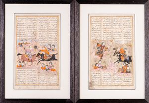 Arte Islamica - Coppia di pagine illustrate tratte da Shahnameh  Persia Safavide, Shiraz, met  XVI secolo
