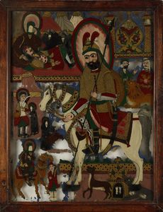 Arte Islamica - Dipinto Qajar su specchio raffigurante un cavaliere su destriero  Persia, XIX secolo