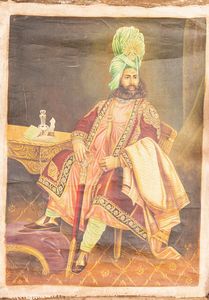Arte Indiana - Dipinto Maharaja India, XX secolo  Olio su tessuto