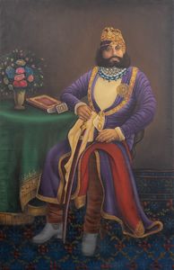 Arte Islamica - Dipinto raffigurante Sir Venkat Raman Ramanuj Prasad Singh Ju Deo Bahadur, Maharaja di Rewah (1876-1918) India, XX secolo  Olio su tela