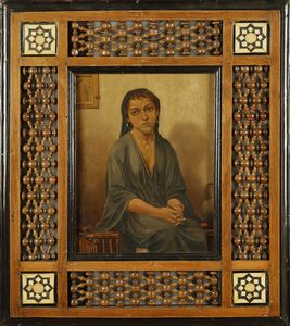 Arte Islamica - Ritratto di donna entro cornice in legno lavorato. Olio su cartoncino. Met XX secolo