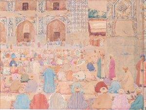 Arte Islamica - Karel Soucek (Repubblica Ceca 1915-1982) Preghiera a Samarcanda. Datato 1921. Acquerello su carta