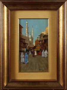 Arte Islamica - Luigi Cagliani (1910-1987) Veduta de Il Cairo  Olio su tavoletta