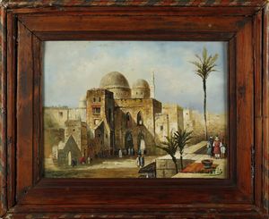 Arte Islamica - Cittadella con palme  Olio su tavoletta