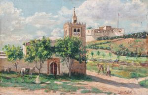 Arte Islamica - Italo Nunes Vais (1860-1932) Moschea di campagna  Olio su tavoletta