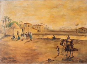 Arte Islamica - Villaggio di beduini  Datato 1893 Olio su tela