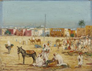 Arte Islamica - Bonfanti  Piazza del mercato. Datato 1935  Olio su cartone