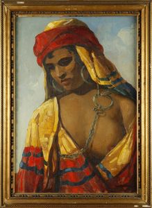 Arte Islamica - Giuseppe Sorgiani (1883-1965) Ritratto di schiava araba  Olio su tavola