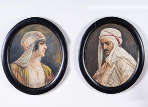 Arte Islamica - Coppia di ritratti ovali con tughra  Tardo XIX secolo  Olio su tela