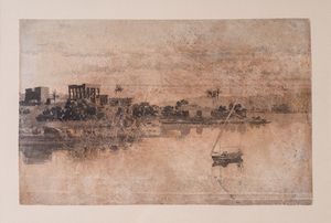 Arte Islamica - Veduta fluviale con il tempio di Luxor alla maniera di David Roberts R.A.  Acquerello su carta  Seconda met XIX secolo