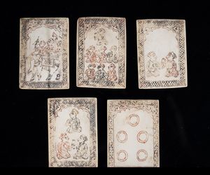 Arte Indiana - Cinque carte da gioco in avorio  India, XIX secolo