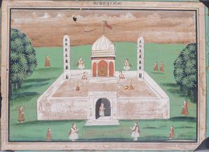 Arte Indiana - Grande miniatura raffigurante un tempio jainista India, tardo XIX secolo  Pigmenti e oro su carta