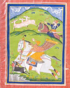 Arte Indiana - Miniatura raffigurante scena di caccia India Settentrionale. Rajasthan, XX secolo  Pigmenti, oro e argento su carta
