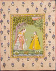 Arte Indiana - Miniatura raffigurante principessa ed ancella nel prato  India, Rajasthan, inizio XX secolo  Pigmenti e oro su carta