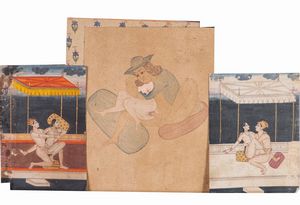 Arte Indiana - Gruppo di tre miniature erotiche  India, XIX e XX secolo Pigmenti e oro su carta