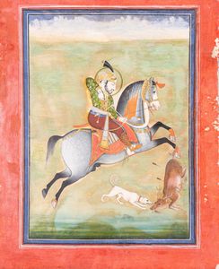 Arte Indiana - Miniatura raffigurante imperatore a caccia India settentrionale, Marwar, forse Jodhpur, XIX secolo  Pigmenti e oro su carta