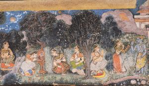 Arte Indiana - Miniatura raffigurante Krishna e gopies nel bosco  India, Rajasthan, XIX secolo Pigmenti e oro su carta