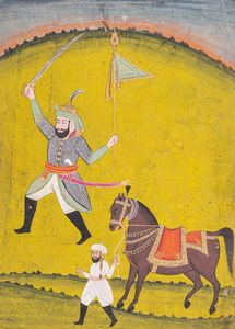 Arte Indiana - Miniatura raffigurante guerriero con stalliere India Meridionale, Deccan, XIX secolo  Pigmenti e oro su carta