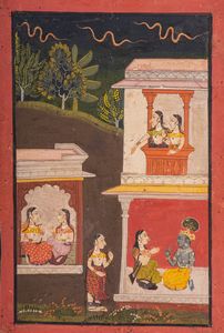Arte Indiana - Miniatura tratta da Ragamala o Baramasa India Settentrionale, Pahari, XVIII-XIX secolo  Pigmenti e oro su carta