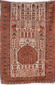 Arte Islamica - Tappeto preghiera con moschea e minareti  Beluchistan, inizio XX secolo