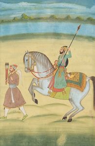 Arte Indiana - Ritratto equestre di nobile a cavallo  India, probabilmente Deccan, tardo XIX -XX secolo
