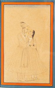 Arte Indiana - Disegno su carta raffigurante una coppia  India, fine XIX secolo