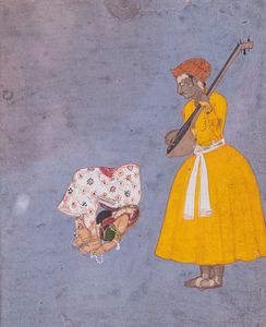 Arte Indiana - Miniatura raffigurante contorsionista ed un musicista  India, forse Deccan, XIX secolo  Pigmenti e oro su carta