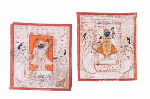 Arte Indiana - Due miniature raffiguranti Krishna Nathdwara  India settentrionale, Rajasthan, inizio XIX secolo  Pigmenti e oro su tessuto