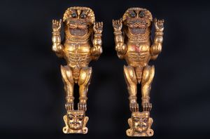 Arte Indiana - Coppia di leoni rampanti dorati India meridionale, Tamil Nadu, XIX-XX secolo