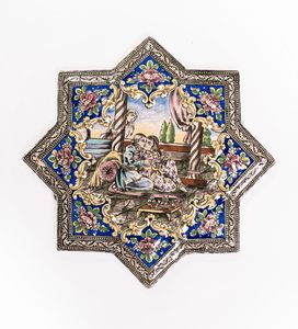 Arte Islamica - Mattonella Qajar a stella raffigurante una coppia  Iran, XIX secolo