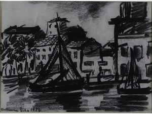 Lido Bettarini - Scorcio di porto con barche 1954