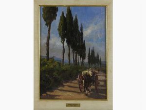 Ovidio Gragnoli - Veduta di strada toscana con carro