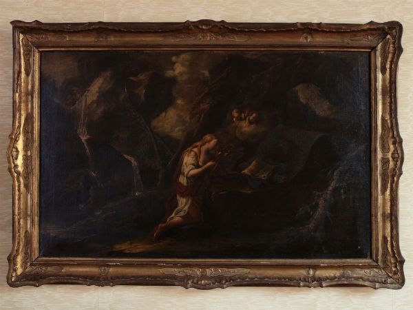 Scuola emiliana del XVII secolo : Santa Maria Maddalena in preghiera  - Asta Arredi e dipinti antichi - Associazione Nazionale - Case d'Asta italiane