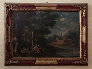 Scuola veneta del XVIII secolo - Paesaggio fluviale con personaggio e veduta di castello sullo sfondo