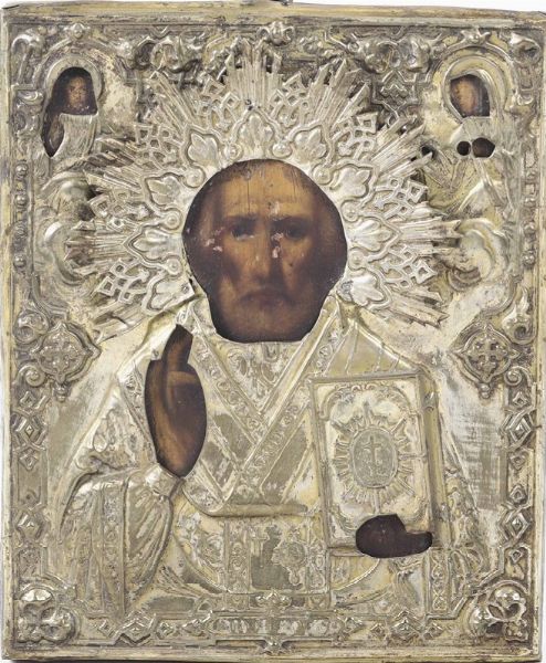 Icona raffigurante Cristo con riza in argento, Russia, XIX secolo  - Asta Dipinti Antichi - Asta a Tempo - Associazione Nazionale - Case d'Asta italiane