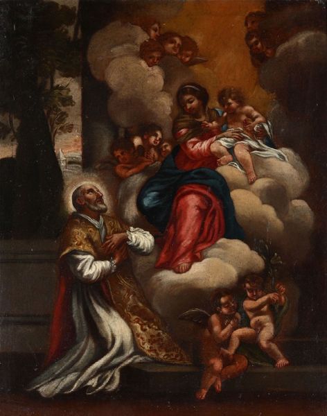 DA CORTONA PIETRO : Madonna con Bambino e santo orante  - Asta Dipinti Antichi - Asta a Tempo - Associazione Nazionale - Case d'Asta italiane