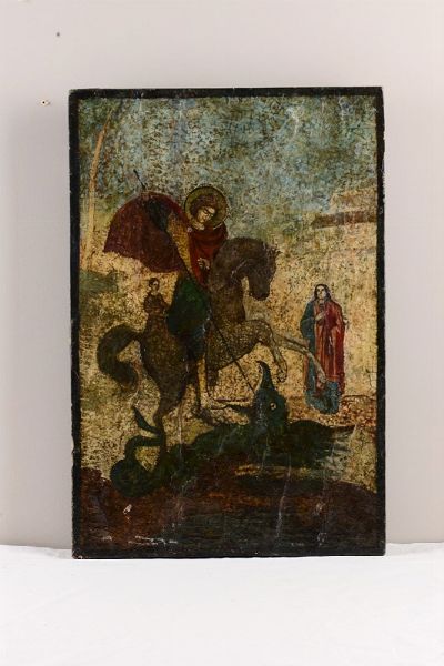 Icona raffigurante San Giorgio e il drago, XX secolo  - Asta Dipinti Antichi - Asta a Tempo - Associazione Nazionale - Case d'Asta italiane