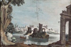 Paesaggio con imbarcazioni e rovine  - Asta Dipinti Antichi - Asta a Tempo - Associazione Nazionale - Case d'Asta italiane