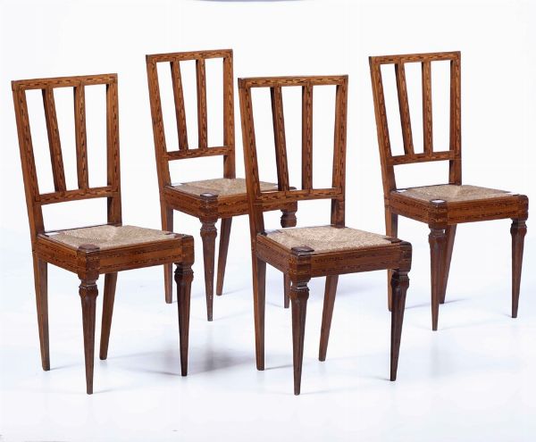 Quattro sedie in noce intarsiate alla maniera di Maggiolini, XIX secolo  - Asta Antiquariato III - Asta a Tempo - Associazione Nazionale - Case d'Asta italiane