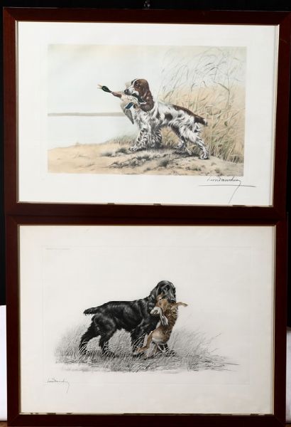 Cinque stampe raffiguranti cani da caccia, firmate in basso a destra Leon Danchin  - Asta Antiquariato III - Asta a Tempo - Associazione Nazionale - Case d'Asta italiane
