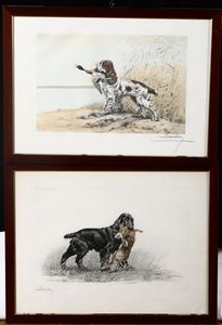 Cinque stampe raffiguranti cani da caccia, firmate in basso a destra Leon Danchin  - Asta Antiquariato III - Asta a Tempo - Associazione Nazionale - Case d'Asta italiane