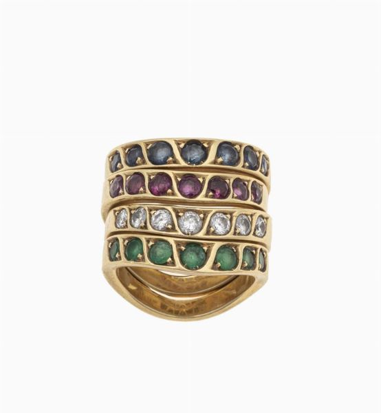 Quattro anelli con smeraldi, diamanti, rubini e zaffiri  - Asta Gioielli - Asta a Tempo - Associazione Nazionale - Case d'Asta italiane