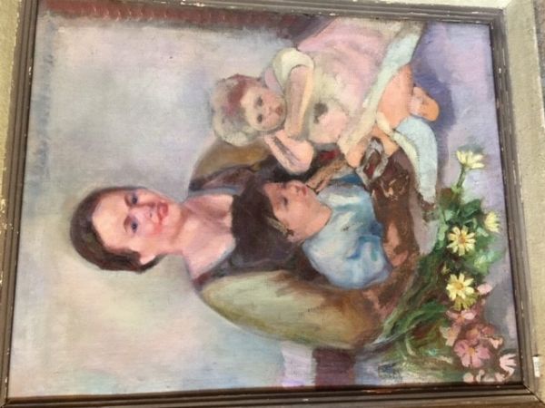 Spadini Armando : Ritratto di famiglia, madre con due figlie  - Asta Antiquariato e dipinti - IV - Asta a Tempo - Associazione Nazionale - Case d'Asta italiane
