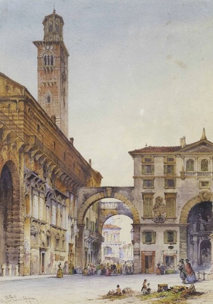 Carelli Gabriele : Piazza dei Signori a Verona  - Asta Dipinti del XIX e XX Secolo - Associazione Nazionale - Case d'Asta italiane