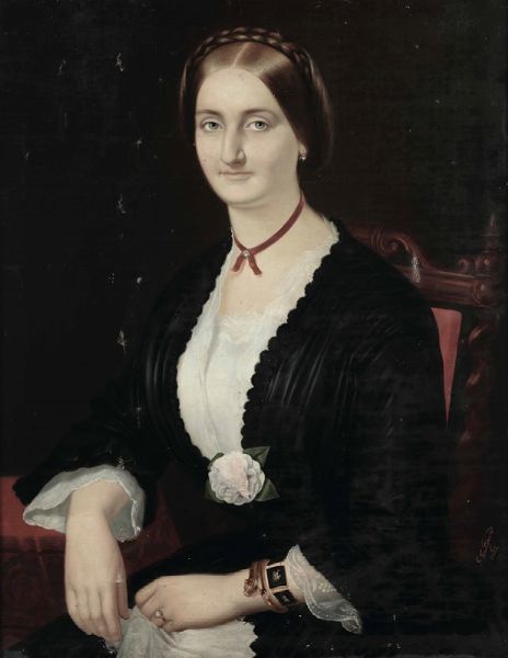 Castagnola Gabriele : Ritratto di Donna con peonia, 1855  - Asta Dipinti del XIX e XX Secolo - Associazione Nazionale - Case d'Asta italiane