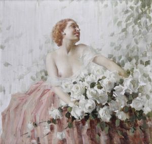 Longo Mancini Francesco - Figura femminile con rose bianche