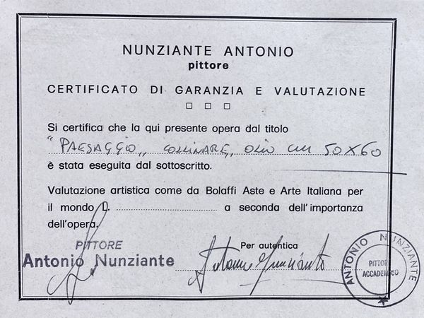 NUNZIANTE ANTONIO (n. 1956) : Paesaggio collinare.  - Asta ASTA 289 - ARTE MODERNA E CONTEMPORANEA (online) - Associazione Nazionale - Case d'Asta italiane