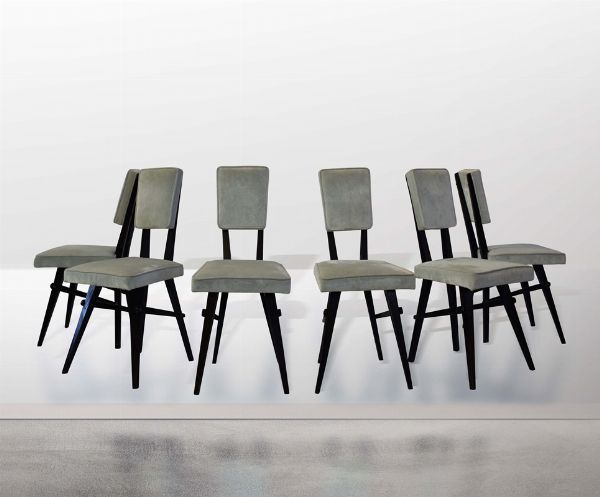 Sei sedie con struttura in legno scolpito e rivestimento in velluto.  - Asta Design Lab - Associazione Nazionale - Case d'Asta italiane