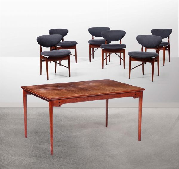 Set di tavolo e sei sedie con struttura in legno rivestimenti in tessuto.  - Asta Design Lab - Associazione Nazionale - Case d'Asta italiane