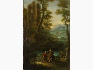 Gennaro Greco attribuito - Paesaggio fluviale con rovine e figure